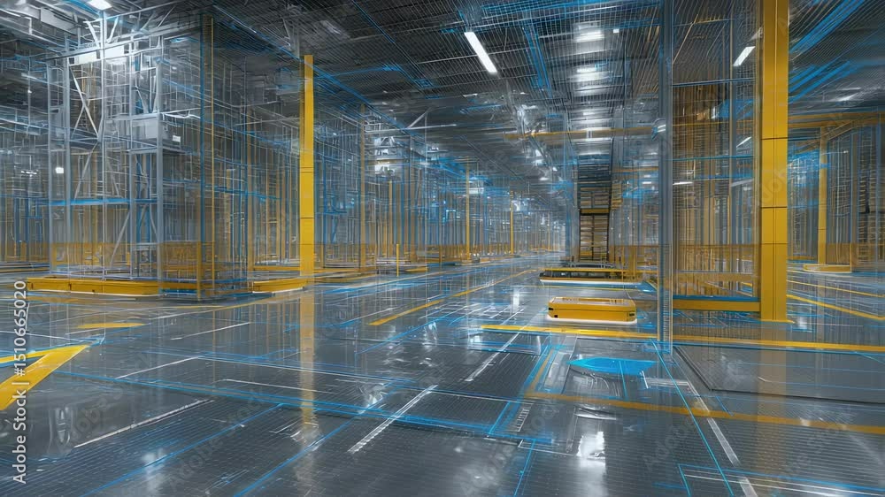 Poster autonomous vehicles navigate seamlessly within a futuristic warehouse equipped with an intricate net