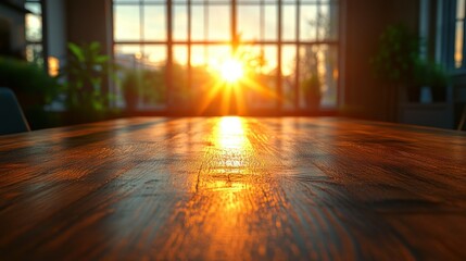 Wooden table, sunset view