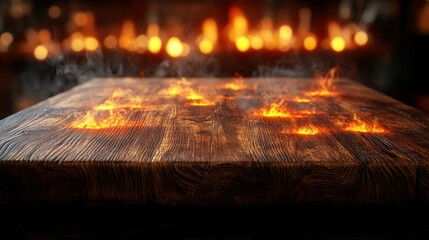 Wooden table with burning flames