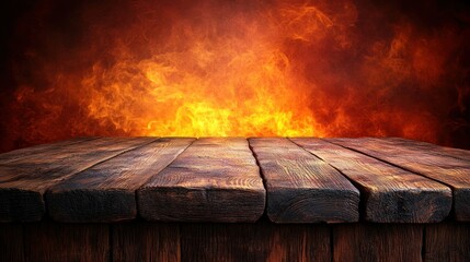 Wooden table in front of fiery background