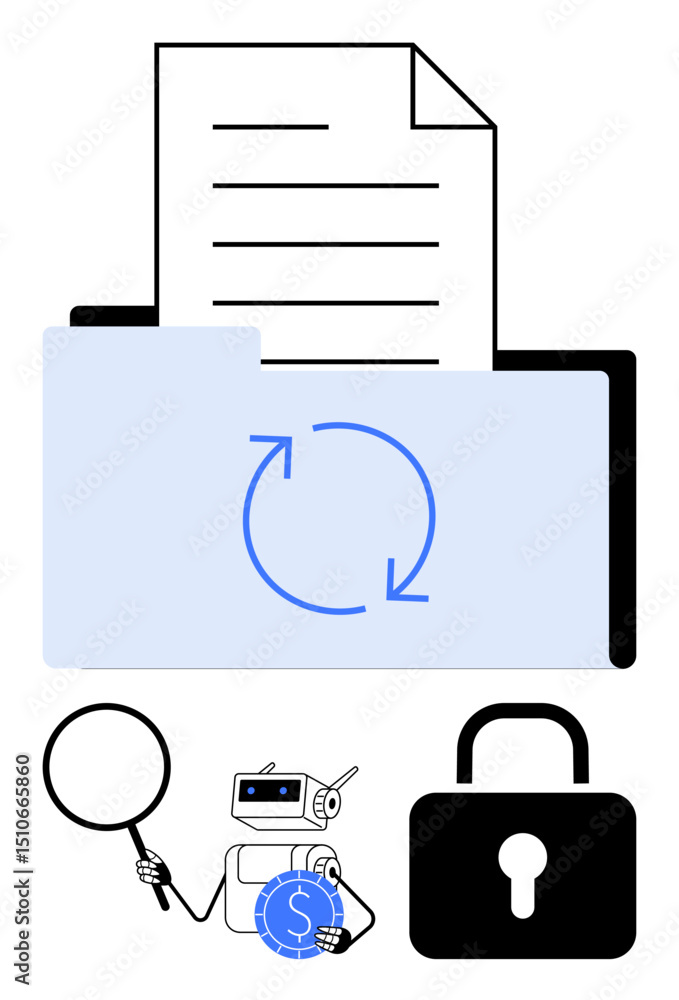 Poster folder and document with sync icon, magnifying glass, robot holding coin, padlock. ideal for data se