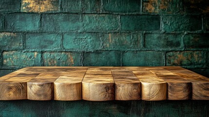 Wooden tabletop against teal brick wall