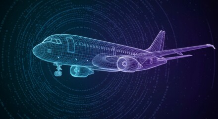 Futuristic, technical depiction of a passenger jet, rendered in wireframe style against a circular backdrop
