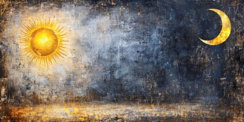 Abstract painting of a glowing sun and crescent moon against a textured, blue-gold background, symbolizing day and night.
