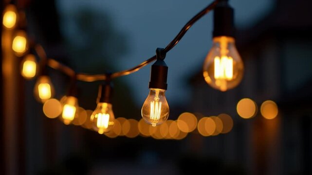 Decorative string lights glowing softly in the evening darkness  