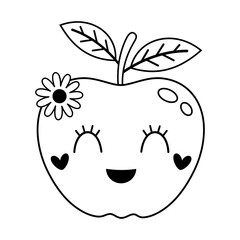 Black and white groovy apple doodle, cartoon summer fruit character. Adorable hand drawn vector illustration in flat style	
