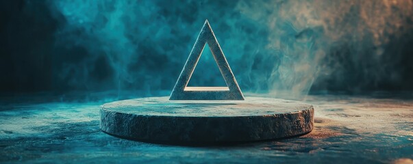 A metallic triangle stands upright on a round stone platform with dramatic lighting and smoky atmosphere.