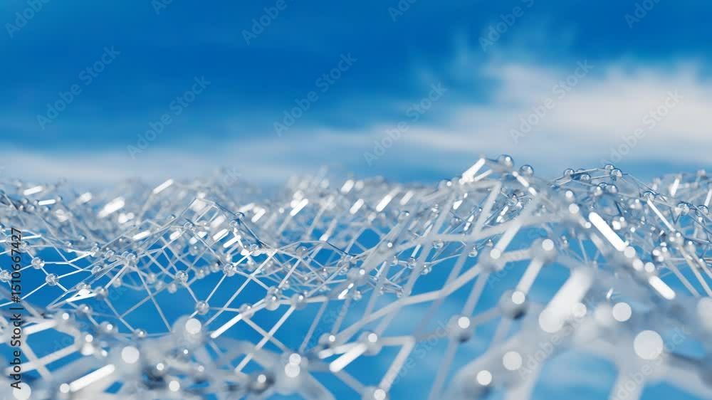 Aufkleber silver deformable lattice with spheres on top moves against the background of a dark sky. 3d render.