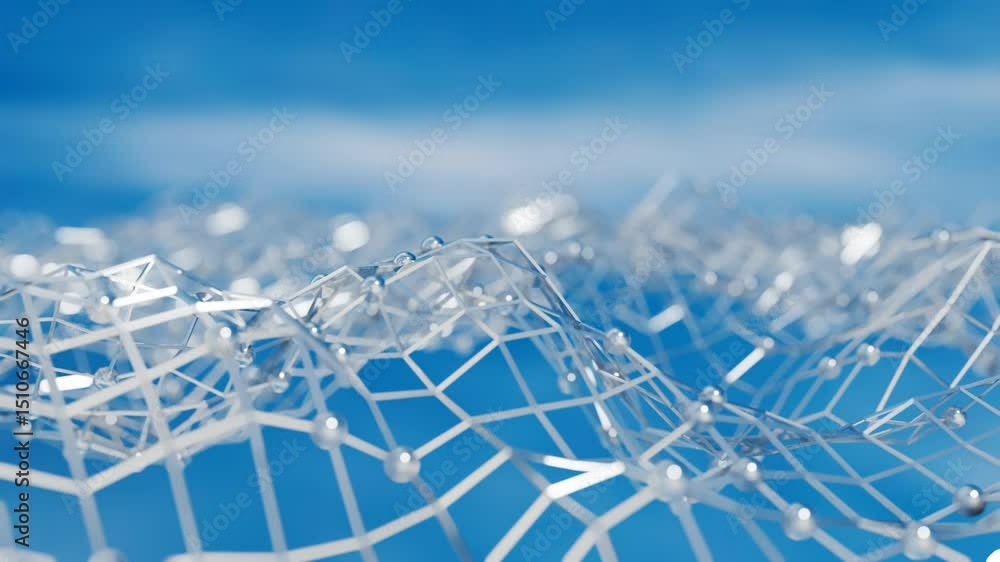 Aufkleber silver deformable lattice with spheres on top moves against the background of a dark sky. 3d render.