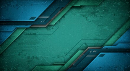 Abstract teal and blue geometric design with grunge texture, featuring sharp angles and layered shapes