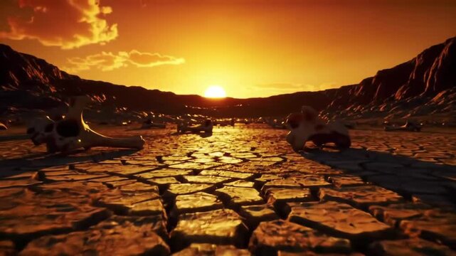Dramatic Desert Valley Sunset with Cracked Earth & Bleached Bones &ndash; Cinematic Heatwaves, Parched Landscape Stock video 