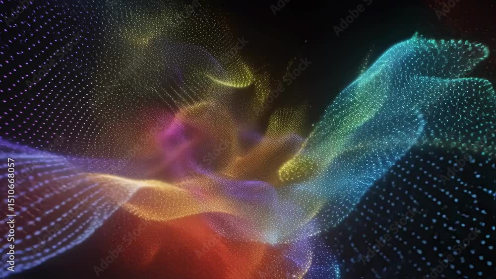 Poster complex algorithms displayed on a holographic screen create a vibrant kaleidoscope of colors, pulsat