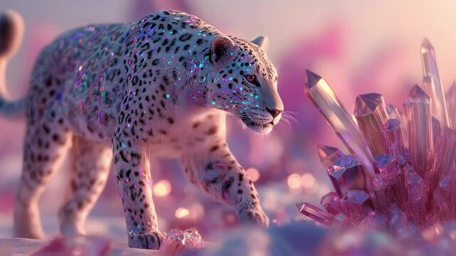 Sparkling Snow Leopard in a Crystal Cave A Magical Fantasy Scene