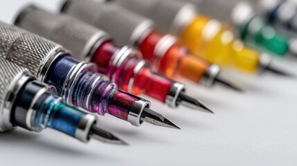 Colorful tattoo machine needles in a line for artistic design and creativity inspiration