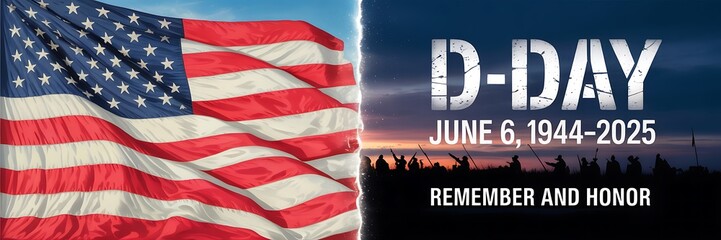 D day remembrance banner featuring american flag and silhouettes of soldiers honoring the day