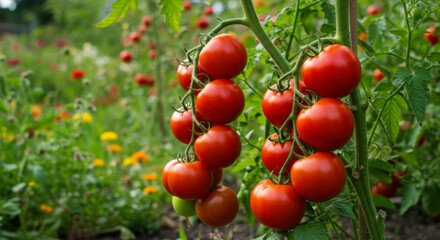 Fototapeta premium Lush red tomatoes cluster on a vine, surrounded by vibrant green foliage and a blurred background of colorful flowers in a garden setting