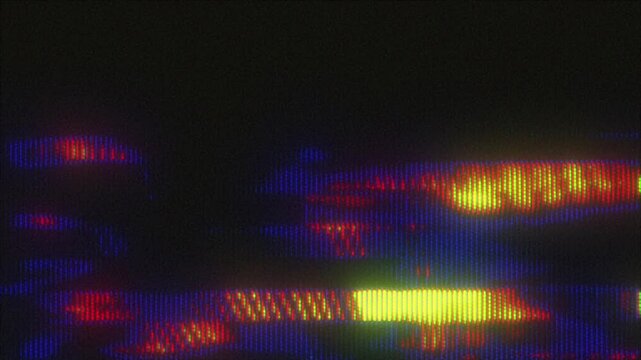  4K Abstract glitch transition with vibrant red, blue, and yellow distortion streaks, CRT scanlines and analog pixel noise for motion graphics overlay, screen mode, cyber visual effects, tech style