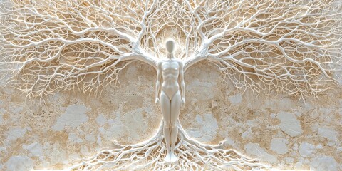 A human figure seamlessly merges with intricate tree branches, symbolizing the connection between humanity and nature in a sculptural, artistic design.