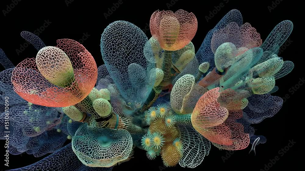Aufkleber bioluminescent soft robot arms intertwining with coral like formations, revealing intricate connecti