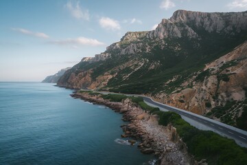 Fototapeta premium Coastal road winding along the rocky cliffs of a mountain range by the sea under a blue sky, offering a scenic view of nature's beauty and a tranquil escape