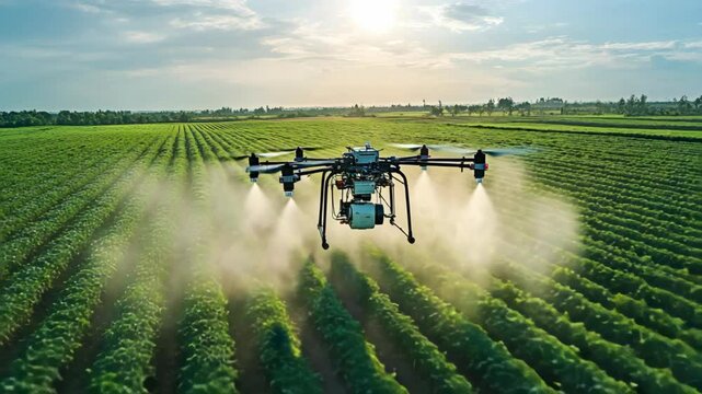 drone hover over lush crops field spraying sprinkling water onto plants, pesticide or organic bio-extract	
