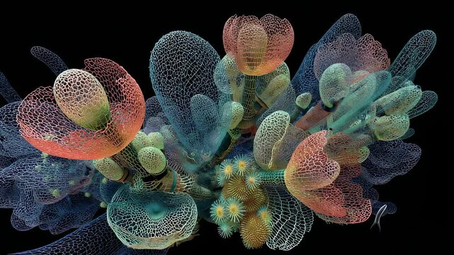 Bioluminescent soft robot arms intertwining with coral like formations, revealing intricate connection between technology and marine ecosystem design