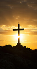 Symbolic Crucifix Standing Tall Against a Radiant Sunset, Representing Faith and Redemption