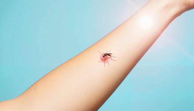 Mosquito bite on skin with redness by bright blue background  