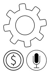 Gear symbolizing process or automation, dollar icon for finance and economy, microphone for voice or communication. Ideal for technology, business, workflow, finance, automation, innovation simple