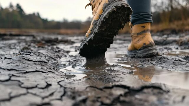 Boots trekking through muddy terrain show crunchy groundbreaking adventure