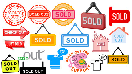 Variety of Colorful Sold Out and Sale Signs for Retail