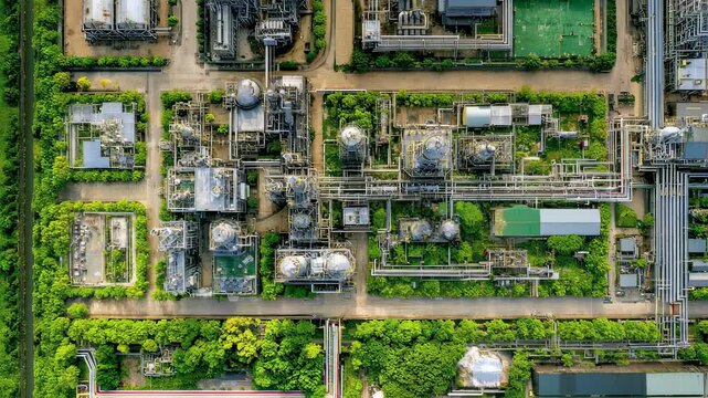 Aerial view capturing methanol production plant harmoniously integrated within lush natural landscape, highlighting industrial sustainability and environmental consciousness