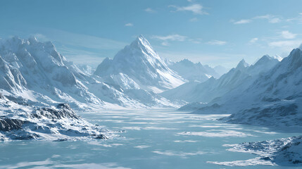 Serene Frozen Lake in a Snow-Covered Mountain Valley A Breathtaking Winter Landscape