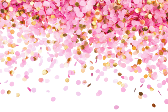 Pink and gold confetti falling against a black background
