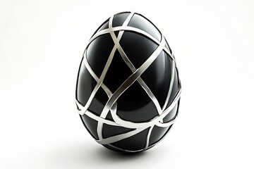 Naklejka premium A glossy black egg decorated with silver bands on a white background in a studio setting