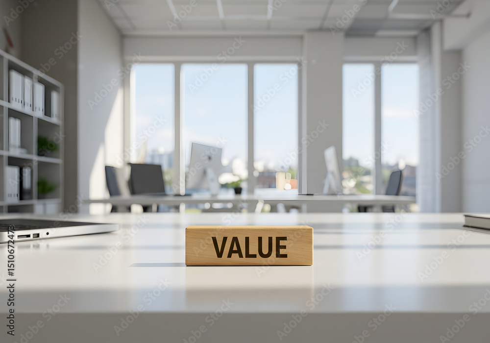 Poster understanding value in business: a wooden block with the word value in a modern office space