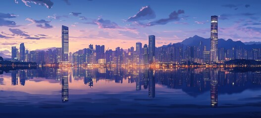 Majestic city dusk: Skyline buildings lights reflecting on water, bustling yet serene, ideal for travel posters real estate ads