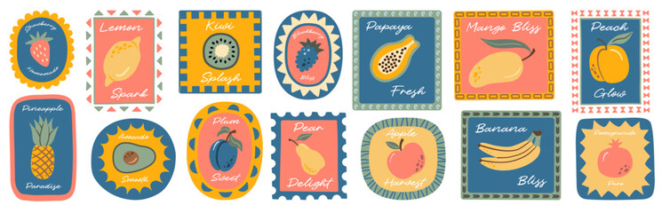 Colorful flat illustration of various fruits with labels, perfect for food packaging, healthy eating designs, and tropical fruit themes.