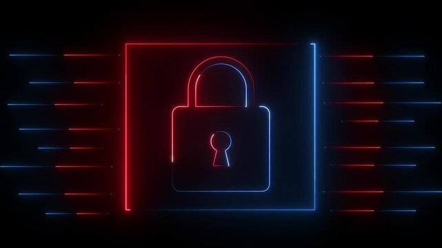 Neon Padlock Icon Representing Cybersecurity, Data Protection, Network Security, Privacy Shield, and Digital Safety on a black background.