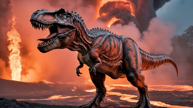 Tyrannosaurus Rex Roaring Amidst Volcanic Eruption and Fiery Landscape Illustration - Powered by Adobe
