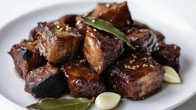Juicy glazed pork garnished with herbs and garlic on a white plate