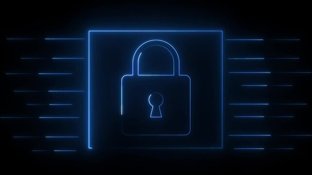 Neon Padlock Icon Representing Cybersecurity, Data Protection, Network Security, Privacy Shield, and Digital Safety on a black background.