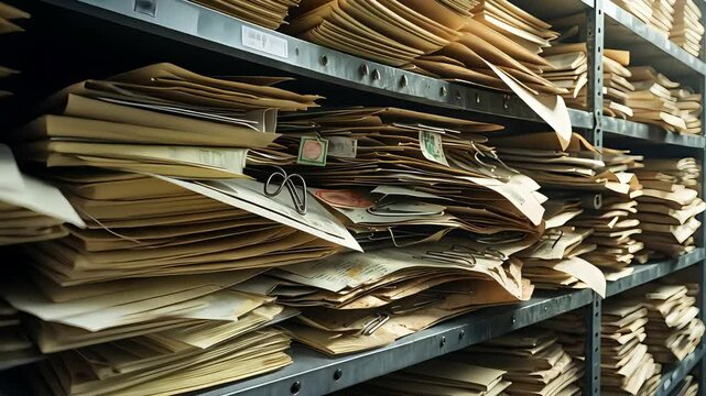 Stacked Old Paper Files and Documents on Metal Shelves in Cluttered Archive Room