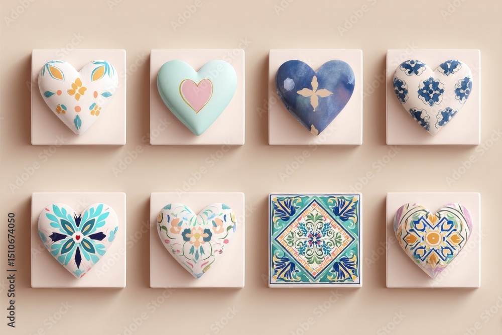 Aufkleber heartfelt tile patterns: captivating tile patterns, each showcasing a uniquely designed heart with i