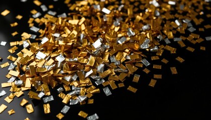 Obraz premium Cascading metallic confetti creating a festive ambiance on black surface