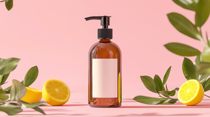Amber glass bottle with pump dispenser surrounded by lemon halves and green leaves on a pink background.
