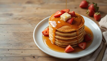 Pancakes with syrup and strawberries on plate