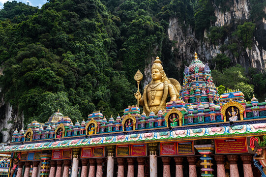 Hindu temple facade and Murugan at Batu Caves, Kuala Lumpur