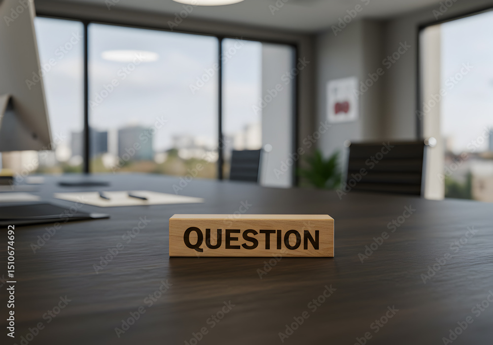 Poster question block on office desk concept asking for answers seeking information and problem solving ski