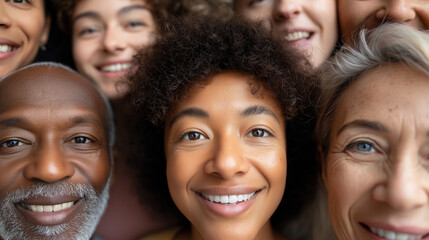 Fröhliche diverse Gruppe von Menschen verschiedener Altersgruppen lächelt gemeinsam in die Kamera